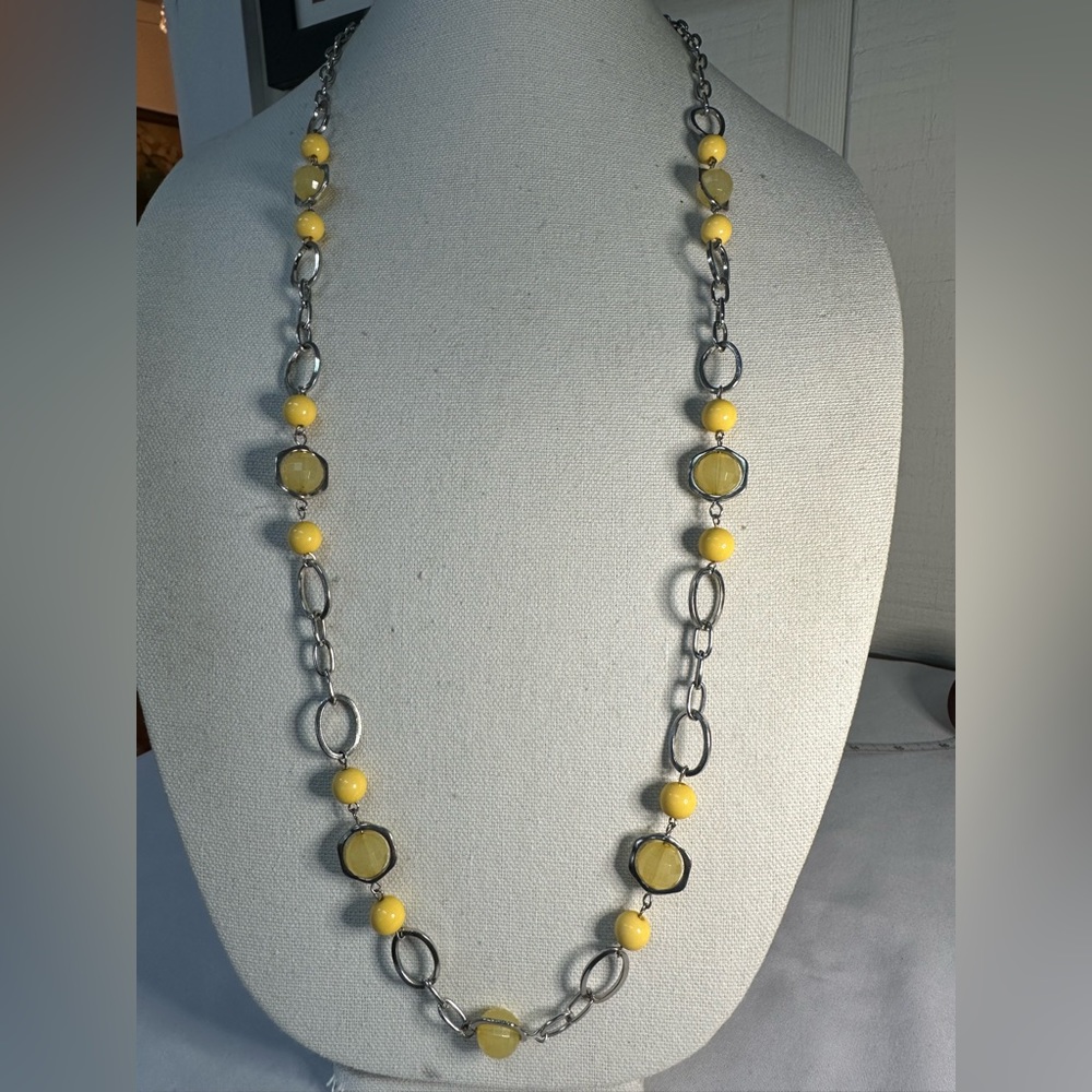 Long silvertone chain yellow bead necklace